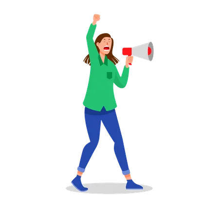 Female protester screaming into megaphone  Illustration