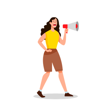 Female protester screaming into megaphone to lead protest  Illustration