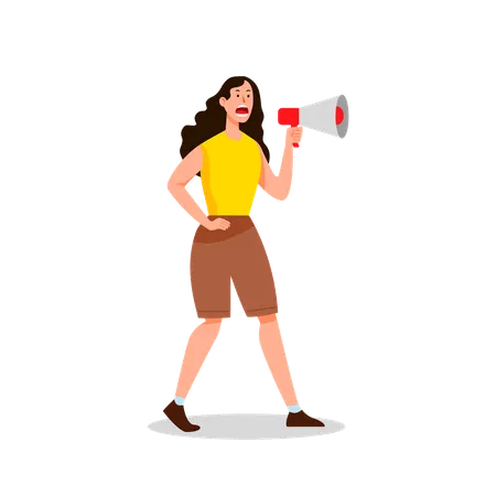Female protester screaming into megaphone to lead protest  Illustration