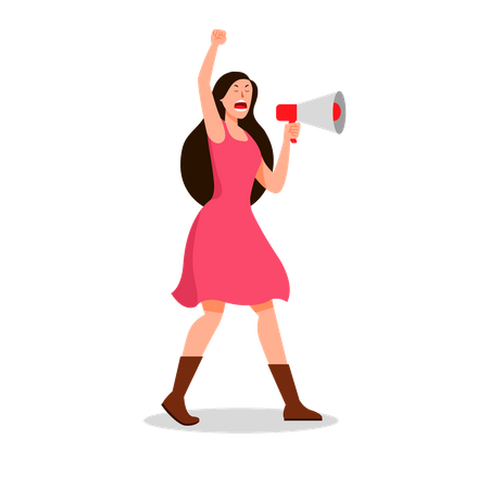 Female protester screaming into megaphone to lead protest march  Illustration