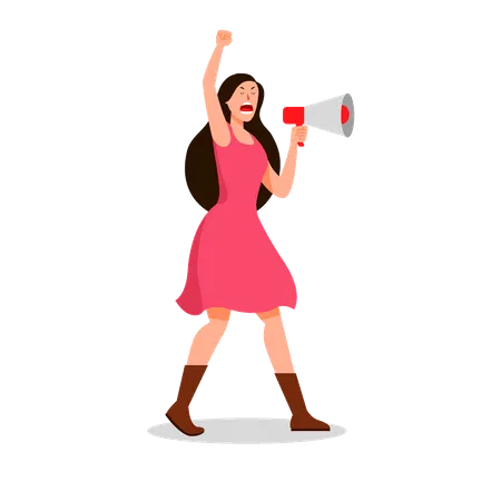 Female protester screaming into megaphone to lead protest march  Illustration