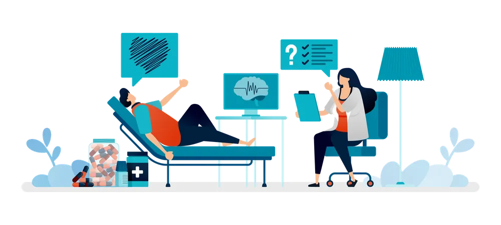 Female psychiatric counseling with male patients about mental problems in romantic matters  Illustration