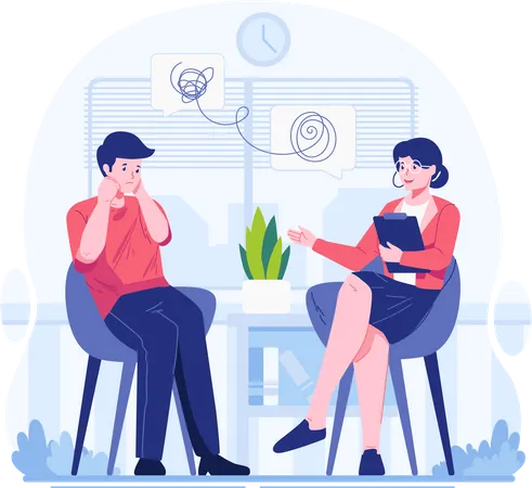 World Mental Health Day Illustration In Psychotherapy Practice A Female Psychiatrist Consulting A Male Patient Psychological Therapy And Treatment Private Counseling Concept Illustration