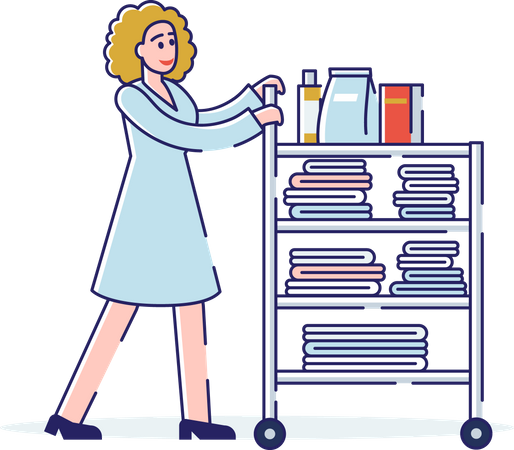 Female Pushing Cart With Clean Towels And Room Service Illustration