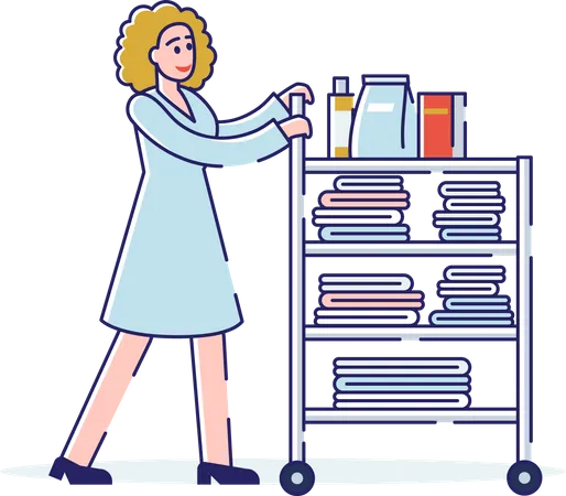 Female Pushing Cart With Clean Towels And Room Service  Illustration