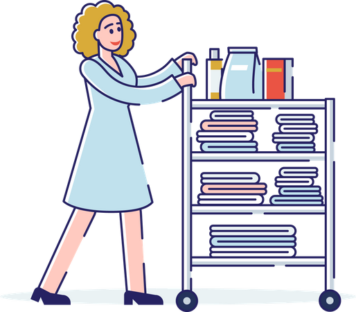 Female Pushing Cart With Clean Towels And Room Service  Illustration
