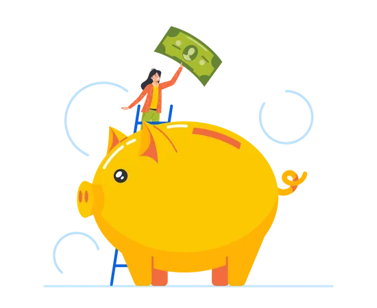 Female Put Money Into Huge Piggy Bank  Illustration