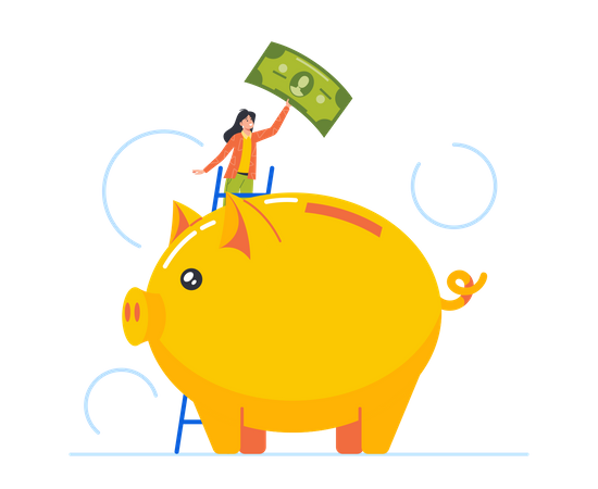 Female Put Money Into Huge Piggy Bank  Illustration