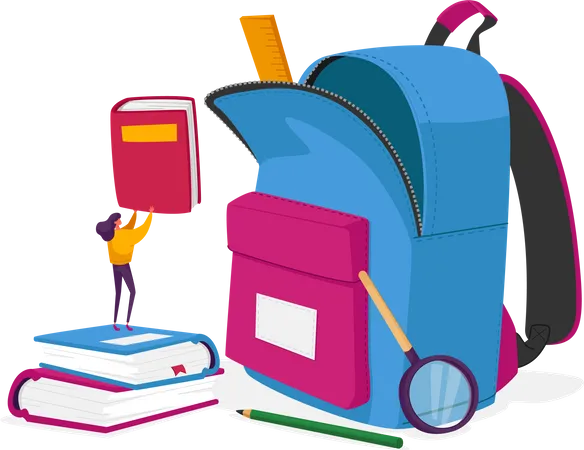 Tiny Female Character Put Textbooks In Huge Backpack With Educational Tools And Equipment Studying Learning Back To School Education In College Or University Concept Cartoon Vector Illustration Illustration