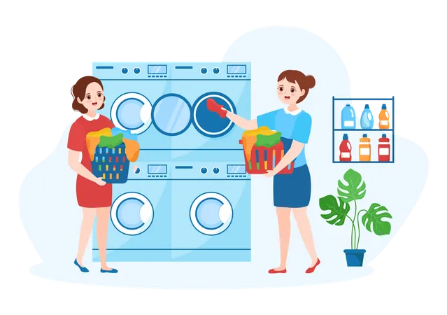 Female Putting Dirty Clothes Into Washing Machine Illustration