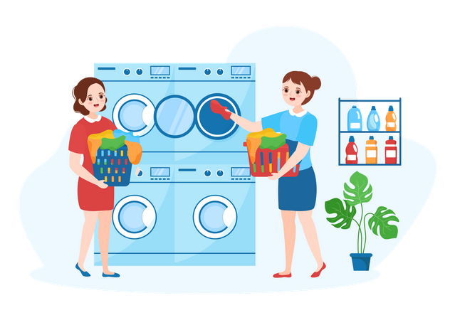 Female Putting Dirty Clothes Into Washing Machine  Illustration
