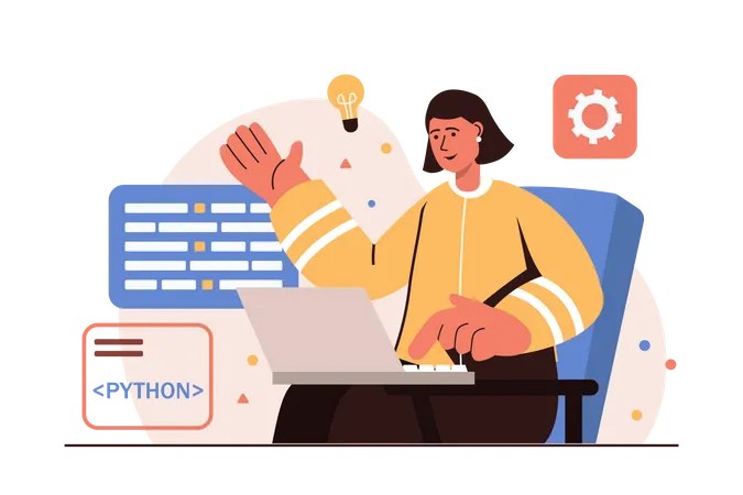 Female python developer working on development  Illustration