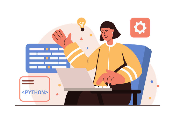 Female python developer working on development  Illustration