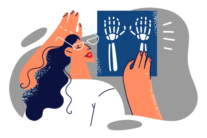 Female radiologist doctor checking hand x-ray report  Illustration