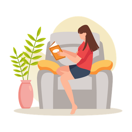 Female read book while sitting on armchair Illustration
