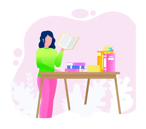 Young Woman Reading Book Standing Near Stack Of Books In Living Room Studying At Home Housewife Resting With Book Female Character Is Fond Of Literature Enjoys Reading Gets Education Illustration