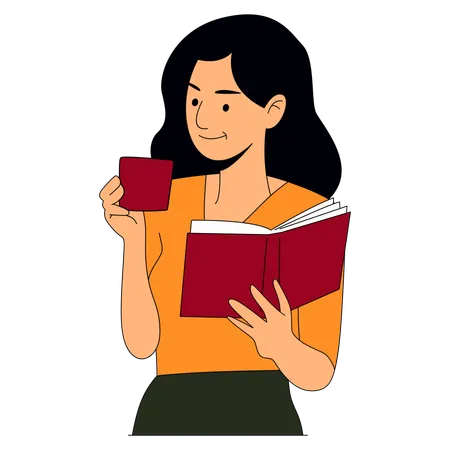 Female Reading Book with Drinking Coffee  Illustration