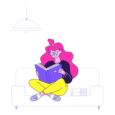 Female reading interesting book while sitting on sofa  Illustration