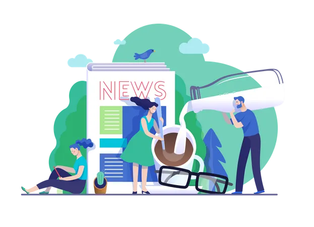 Female reading news in morning  Illustration