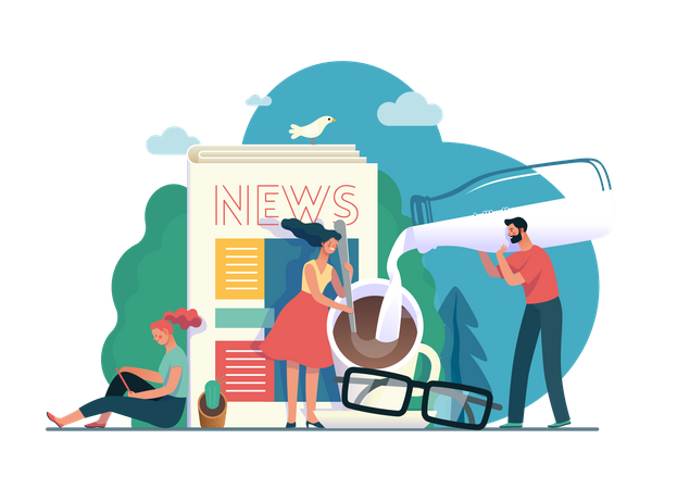 Female reading news in morning  Illustration