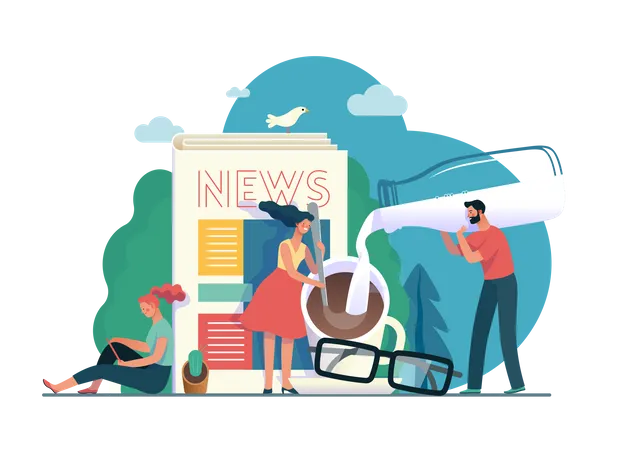 Female reading news in morning  Illustration