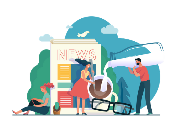 Female reading news in morning  Illustration