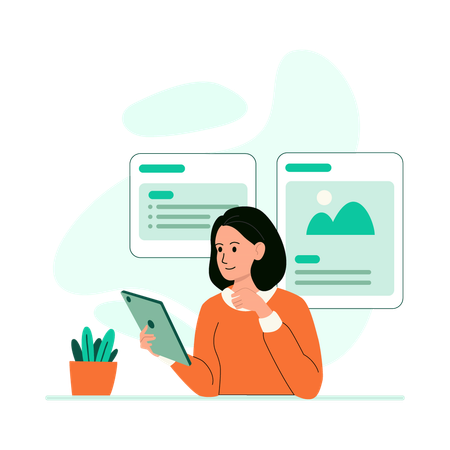 Female reading online article Illustration