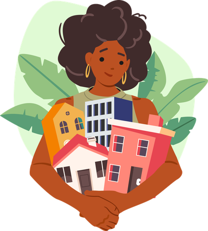 Female  real estate agent offering wide choice of house apartment to rent or buy  Illustration