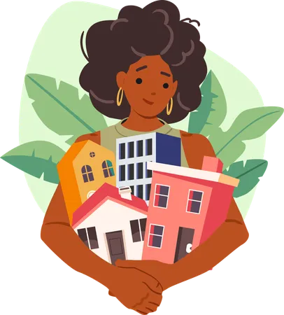 Female  real estate agent offering wide choice of house apartment to rent or buy  Illustration