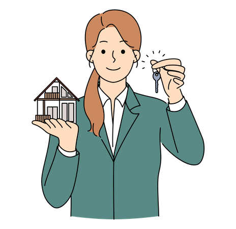Female real estate agent selling house Illustration