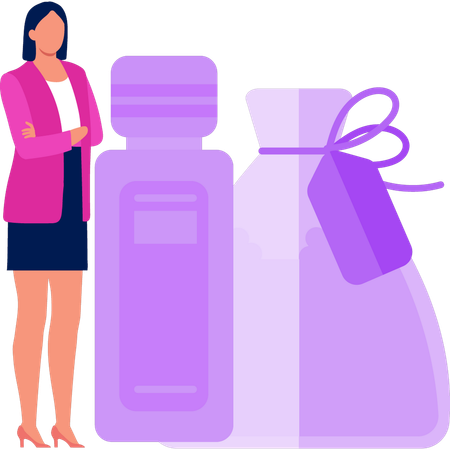 Female receives gift hamper with the bottle  Illustration