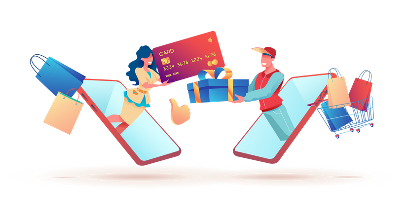 Female receiving delivery and making online payment Illustration