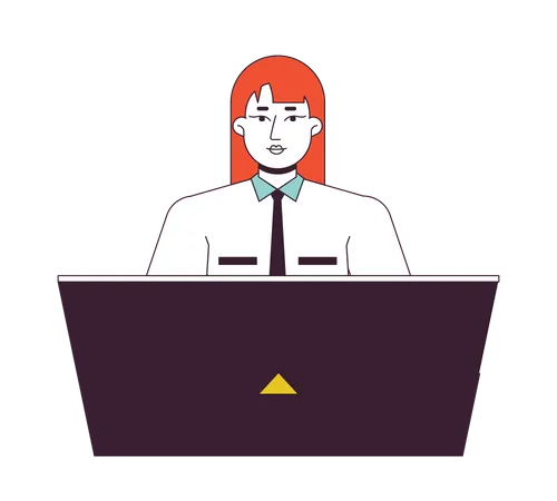 Female Receptionist Office Worker Flat Line Color Vector Character Editable Outline Half Body Person On White Secretary Woman Laptop Work Simple Cartoon Spot Illustration For Web Graphic Design Illustration