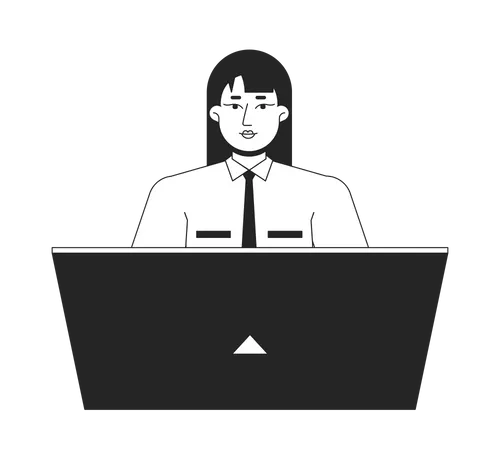 Female Receptionist Office Worker Flat Line Black White Vector Character Editable Outline Half Body Person On White Woman Laptop Work Simple Cartoon Isolated Spot Illustration For Web Graphic Design Illustration