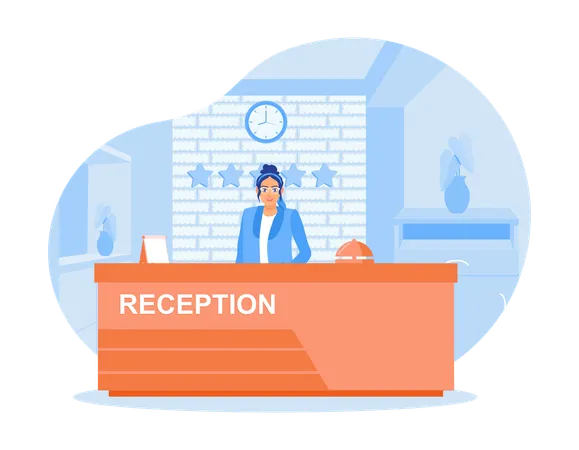 Female receptionist standing at work desk and Receive hotel guests in friendly manner  Illustration