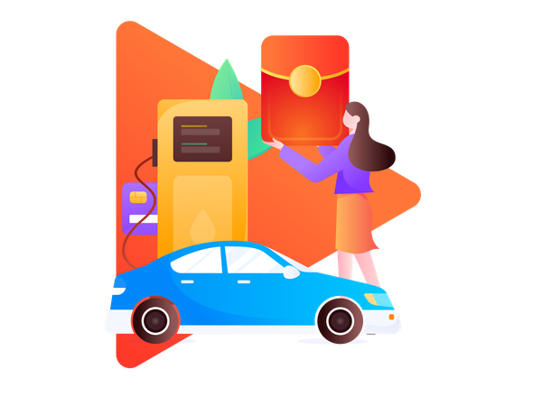 Female refuels their car at petrol station  Illustration