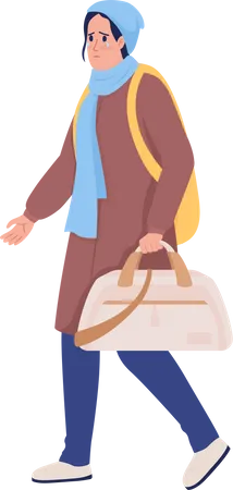 Female refugee with bag running away from war Illustration