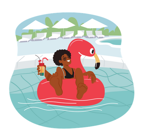 Female Relax in Swimming Pool and Drink Cocktail Illustration