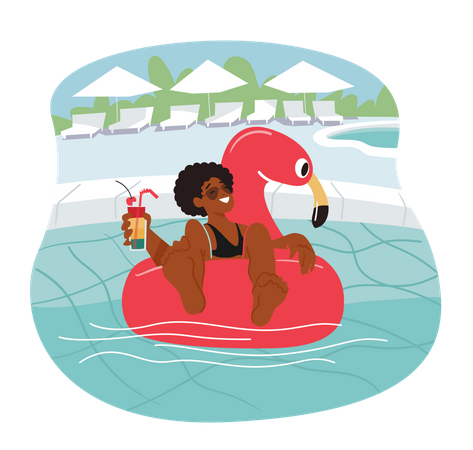 Female Relax in Swimming Pool and Drink Cocktail  Illustration