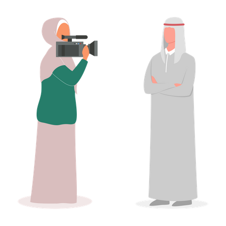 Female reporter interviewing arab male Illustration