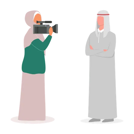 Female reporter interviewing arab male  Illustration