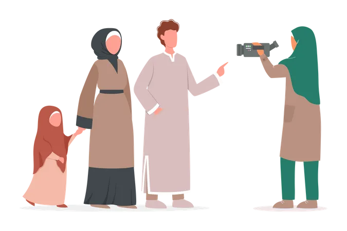Muslim TV Journalist Or News Reporter Character With Camera Shooting Arabic Family Isolated Vector Illustration In Cartoon Style Illustration