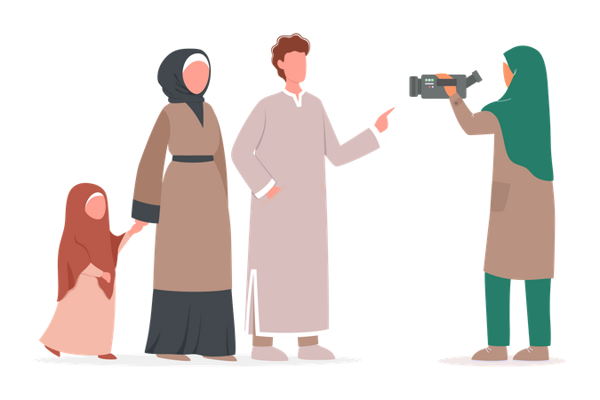 Female reporter interviewing muslim family  Illustration