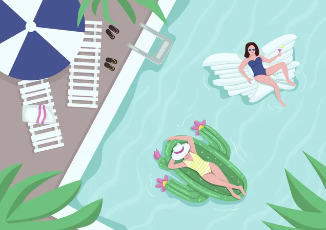Top View On Pool Party Flat Color Vector Illustration Lounge Chairs With Towels Umbrellas Near Water Female Resting On Air Matress 2 D Cartoon Characters With Poolside On Background Illustration