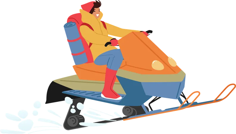 Female Character Bundled Up In Winter Gear Skillfully Navigates A Snowmobile Through The Pristine Snow Covered Landscape Leaving A Trail Of Excitement Behind Cartoon People Vector Illustration イラスト