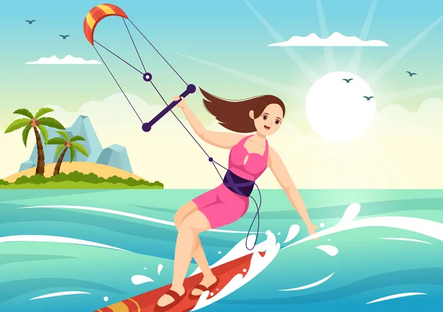 Kitesurfing Illustration With Kite Surfer Standing On Kiteboard In The Summer Sea In Extreme Water Sports Flat Cartoon Hand Drawn Template Illustration