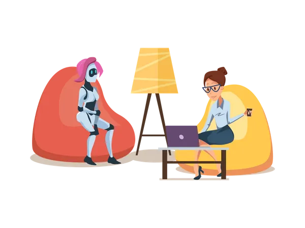 Female robot and female employee sitting on bean-bag  Illustration