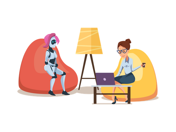 Female robot and female employee sitting on bean-bag  Illustration