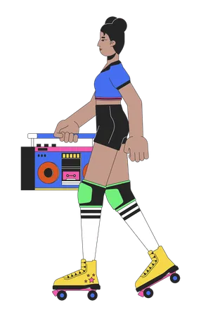 Roller Skating With Boombox Line Cartoon Flat Illustration Black Female 80 S Hip Hop 2 D Lineart Character Isolated On White Background Eighties Vintage Nostalgia Fashion Scene Vector Color Image 일러스트레이션