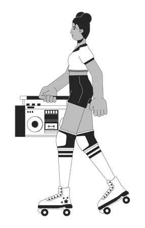 Roller Skating With Boombox Black And White Cartoon Flat Illustration Black Female 80 S Hip Hop 2 D Lineart Character Isolated Eighties Vintage Nostalgia Fashion Monochrome Scene Vector Outline Image Illustration